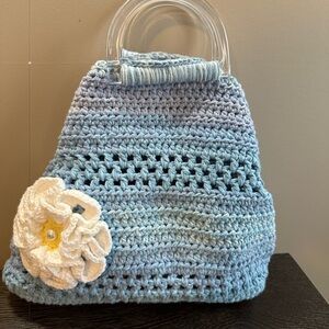 Handcrafted Blue Crochet Bag with Flower Accent